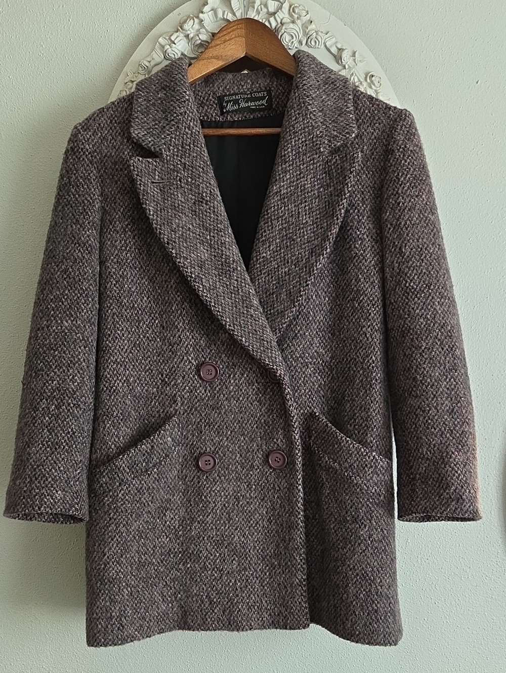 Vintage Purple Houndstooth Women's Wool Jacket, 80's Grunge